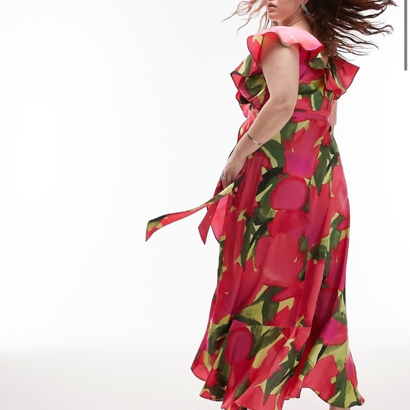 Topshop Curve wrap maxi occasion dress with frill sleeve in red print - Picture 2 of 2